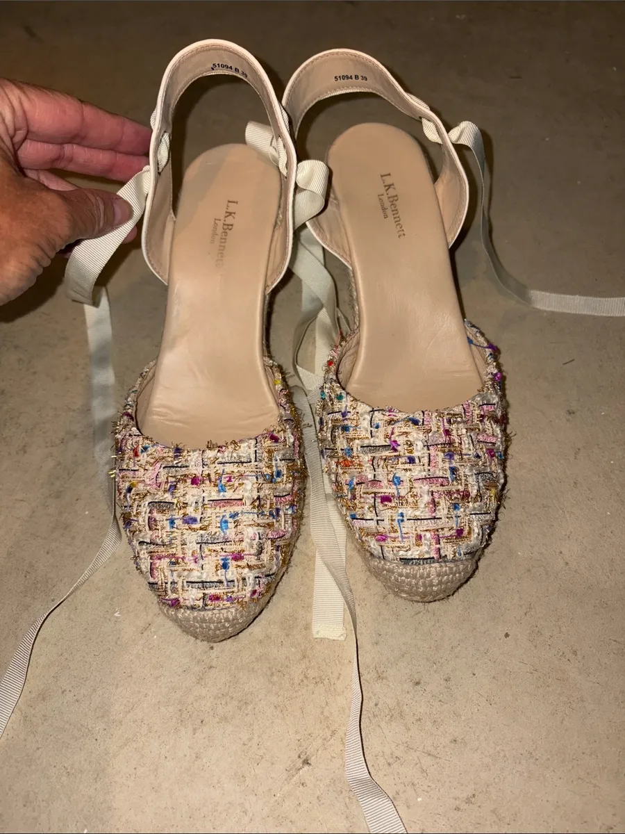 LK Bennett Multicolor Tweed Espadrille Flats with Cream Ribbon Ties