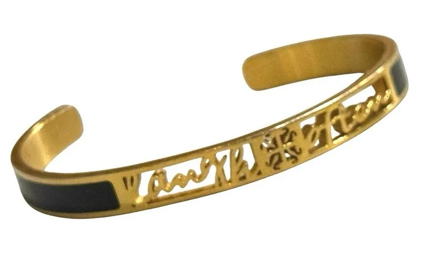 Rustic Cuff Gold & Black Enamel Inspirational Laugh Often Cuff Signed Bracelet