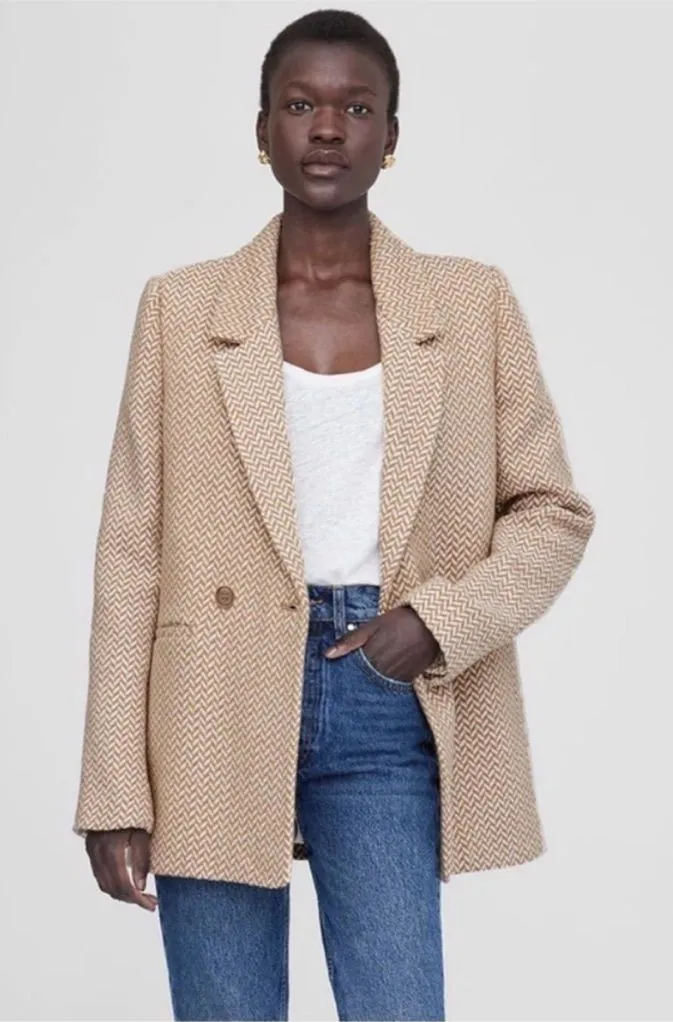 Anine Bing Tweed Herringbone Blazer Women’s Size Medium Tan Cream Double Breast