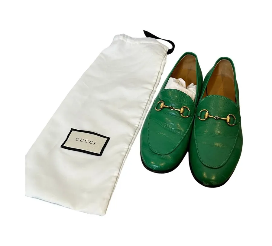 Gucci Jordaan Horsebit Loafers Green Leather Flats Size 37 Made in Italy