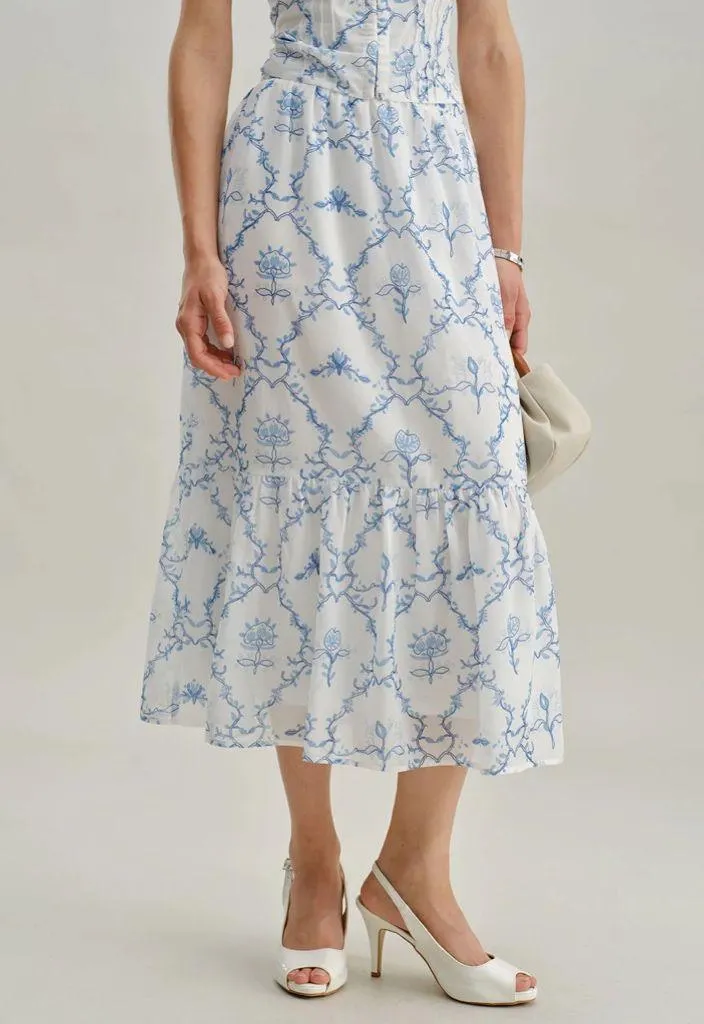 Rihoas White Floral Tiered Midi Skirt Blue Size XS