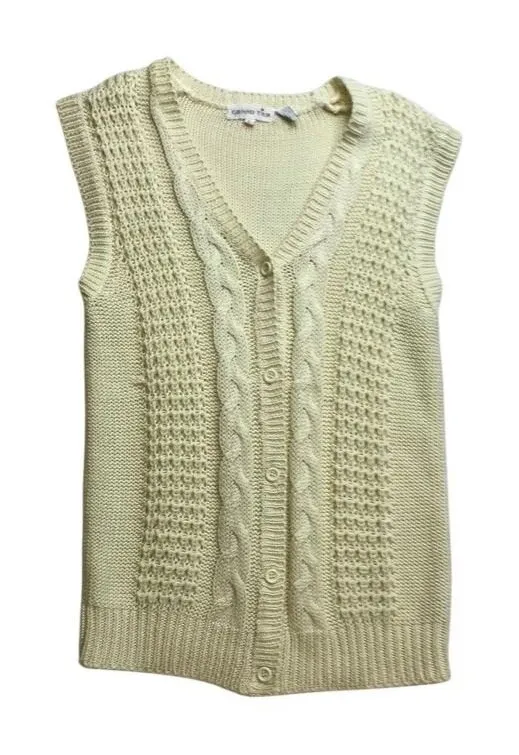 Vintage Grand Tier Womens Cream Cable Knit V Neck Button Vest Sweater Size L Yellow