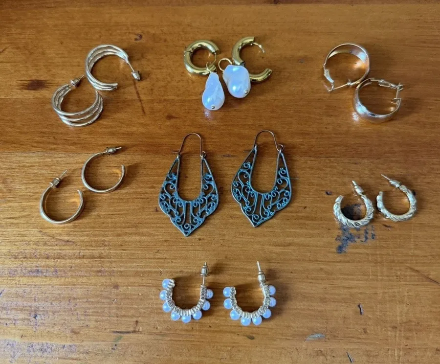 Lot 7 Pairs Gold Hoop Earrings Set Baroque Pearl Drop Teal Filigree Stack