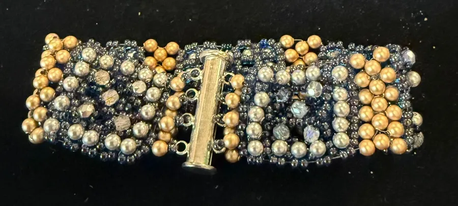 Handmade Womens 7" Beaded Cuff Bracelet Blue Gold Silver Statement Woven Artsy