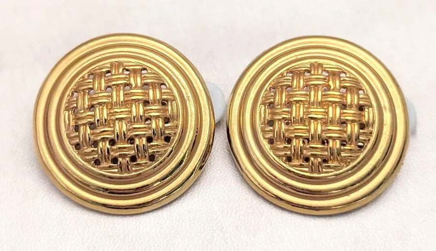 Vintage Clip On Earrings Round Gold Tone Crosshatch Pattern Large Statement Glam