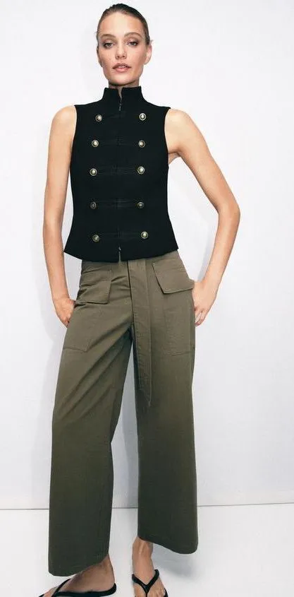Zara Black Military Stand Collar Zip Front Vest NWT XS