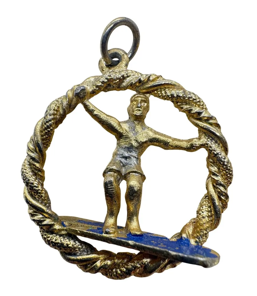 Vintage Gold Tone Surfer Charm Blue Surfboard Rope Circle Pendant