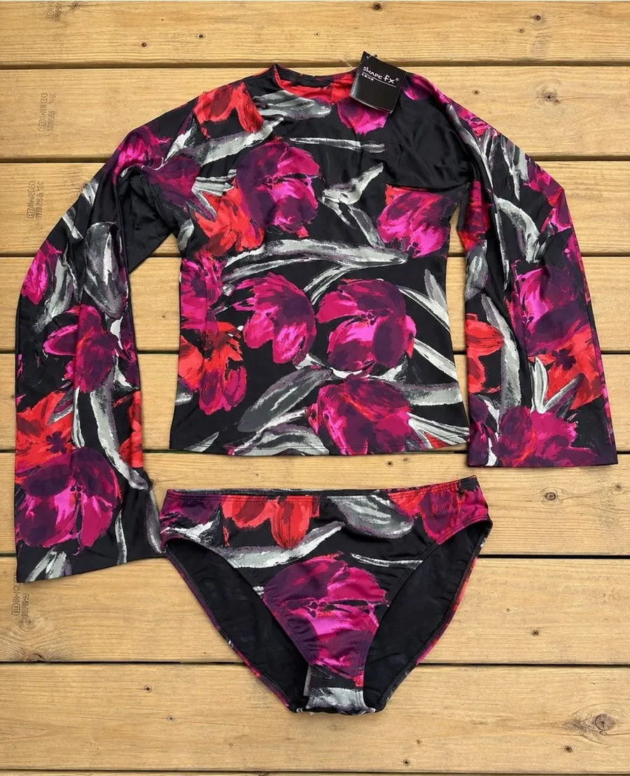 Shape FX Swim Size 16 Floral Rash Guard Bikini Bottom 2 Piece Set NWT