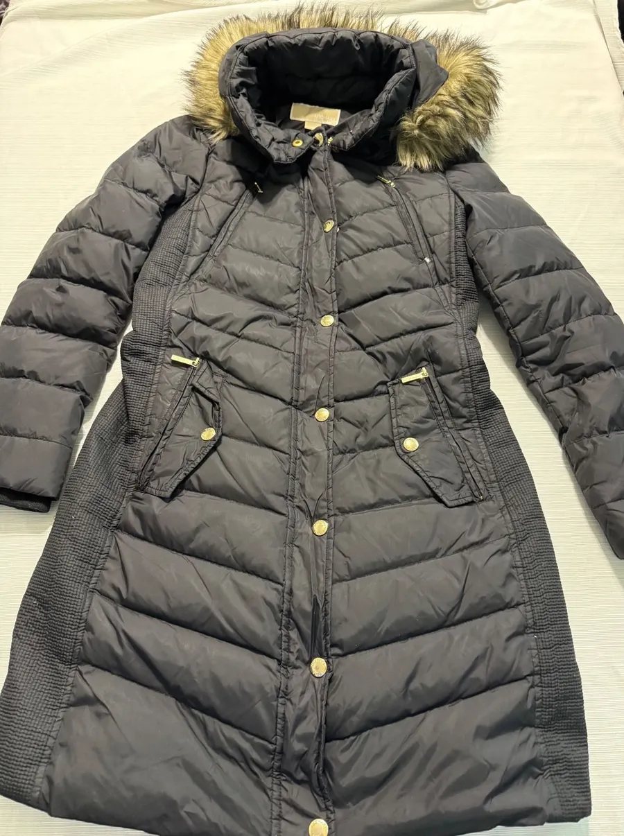 Michael Kors Womens Black Down Puffer Coat Faux Fur Hood Parka XS Long Jacket