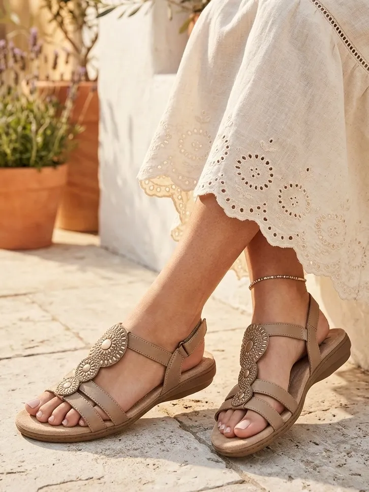 Yuu Women's Sandals Joan Ankle Strap Medallion Beige Size 6.5 M Tan