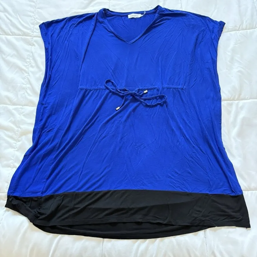 Calvin Klein Womens Small Medium Blue Black Tropical Cover Up Dress Tie Beach