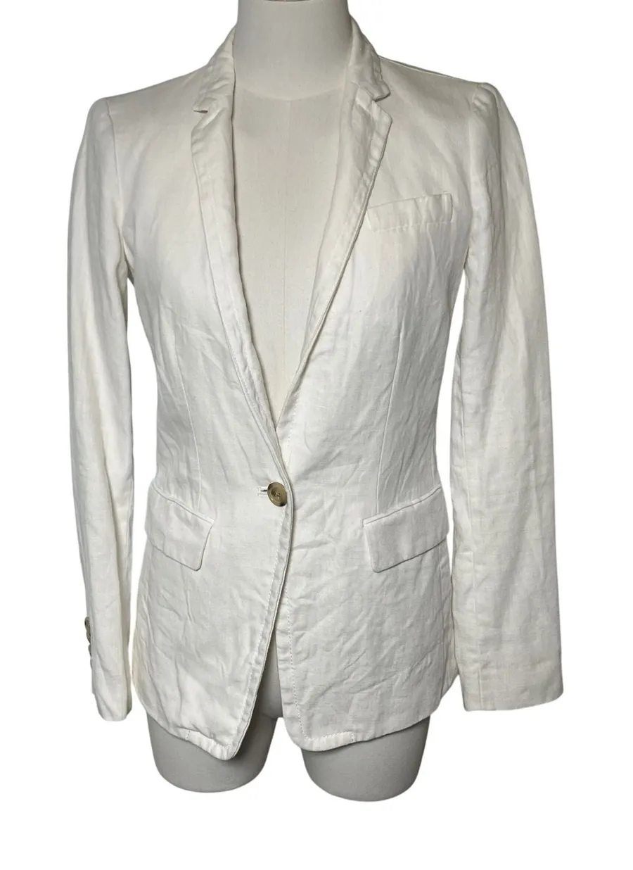 J.Crew White Linen Blazer Single Button Career Office Jacket Size 00