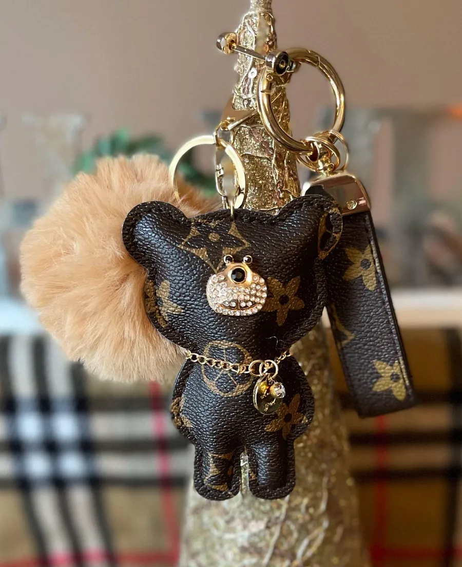 Leather Bear Monogram Keychain Keyfob Brown