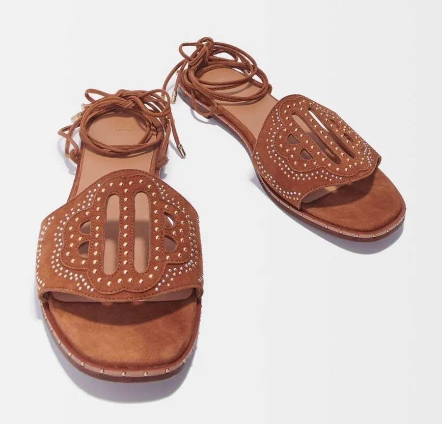 NEW MAJE Flat Studded Lace Up Sandals Camel size 37 / 6.5