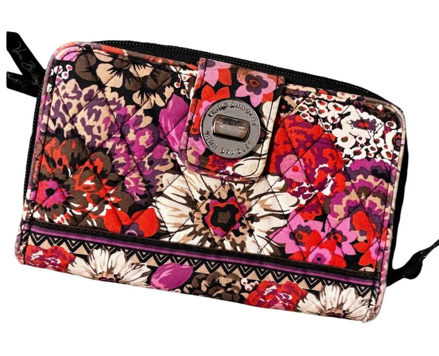 Vera Bradley Turnlock Wallet Womens OS Plum Crazy Floral Quilted Cotton Purple