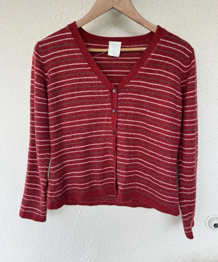 VTG Old Navy Red Striped V Neck Button Cardigan Sweater Wool Blend Prep Academia