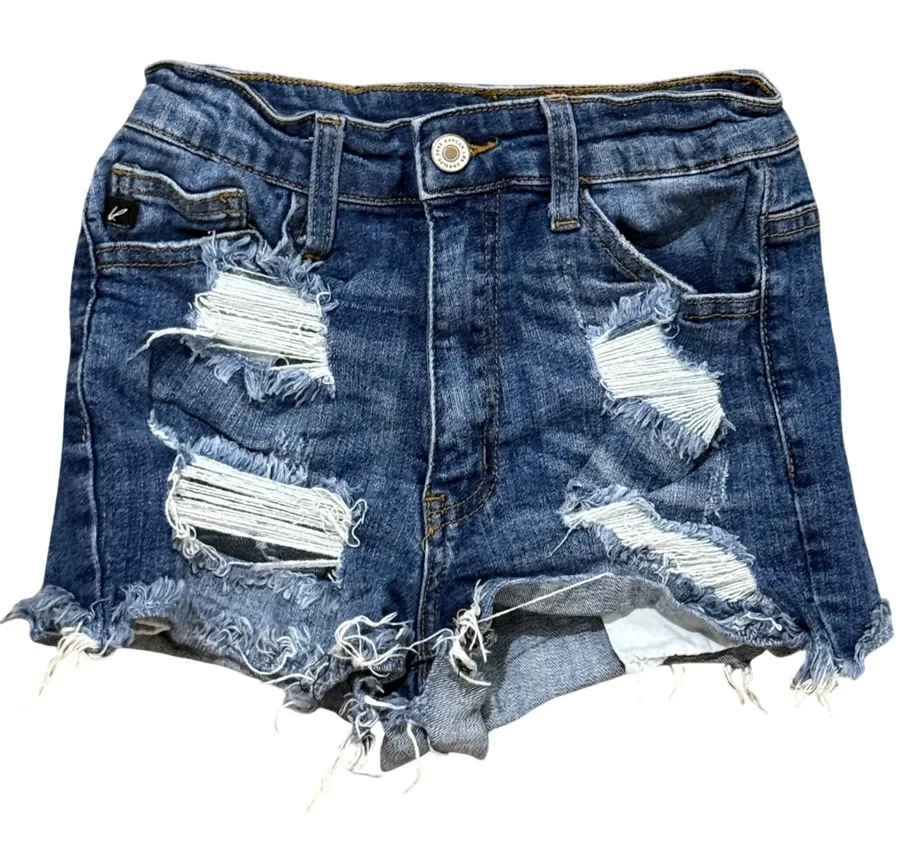 KanCan Distressed High Rise Denim Shorts Medium Wash Blue Frayed Hem sz 1/ 24