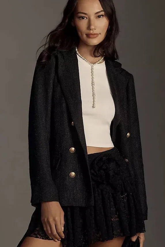bishop + young Black Double-Breasted Blazer with Gold Buttons