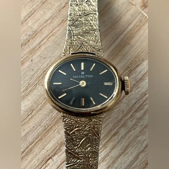 Hamilton Rare Vintage Mechanical Ladies Watch Black Oval Dial Gold Bracelet