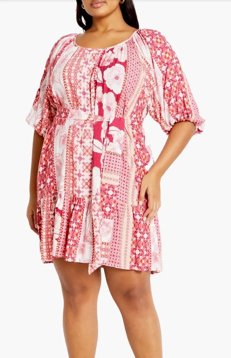 City Chic Cosmo Mini Dress Pink Floral Patchwork Puff Sleeve Plus Size XL 22