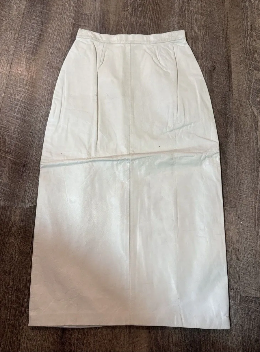 Vtg White Ivory Leather High Waist Pencil Midi Skirt Mob Wife, Glamor Deadstock Size 32