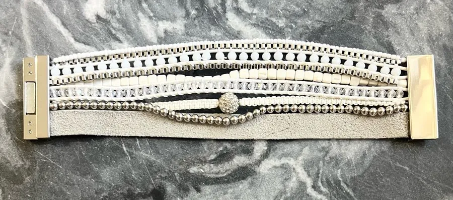 Victoria Emerson White Layered Beaded Wrap Bracelet with Crystal Accent