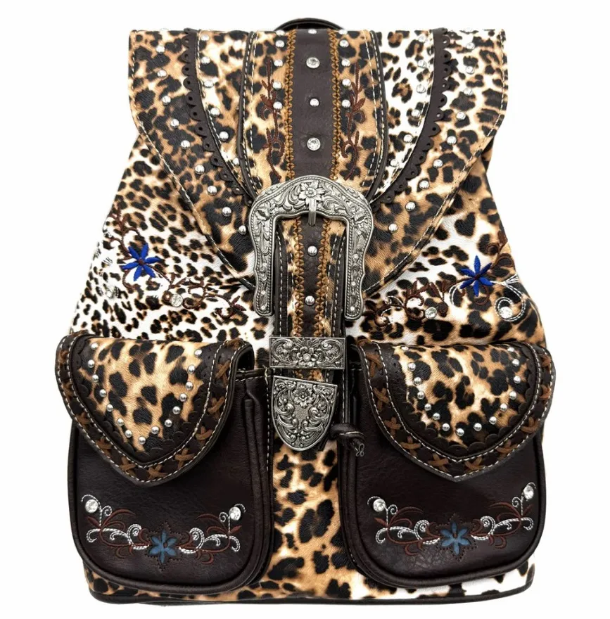 Leopard Print Western Leather Buckle Backpack Brown