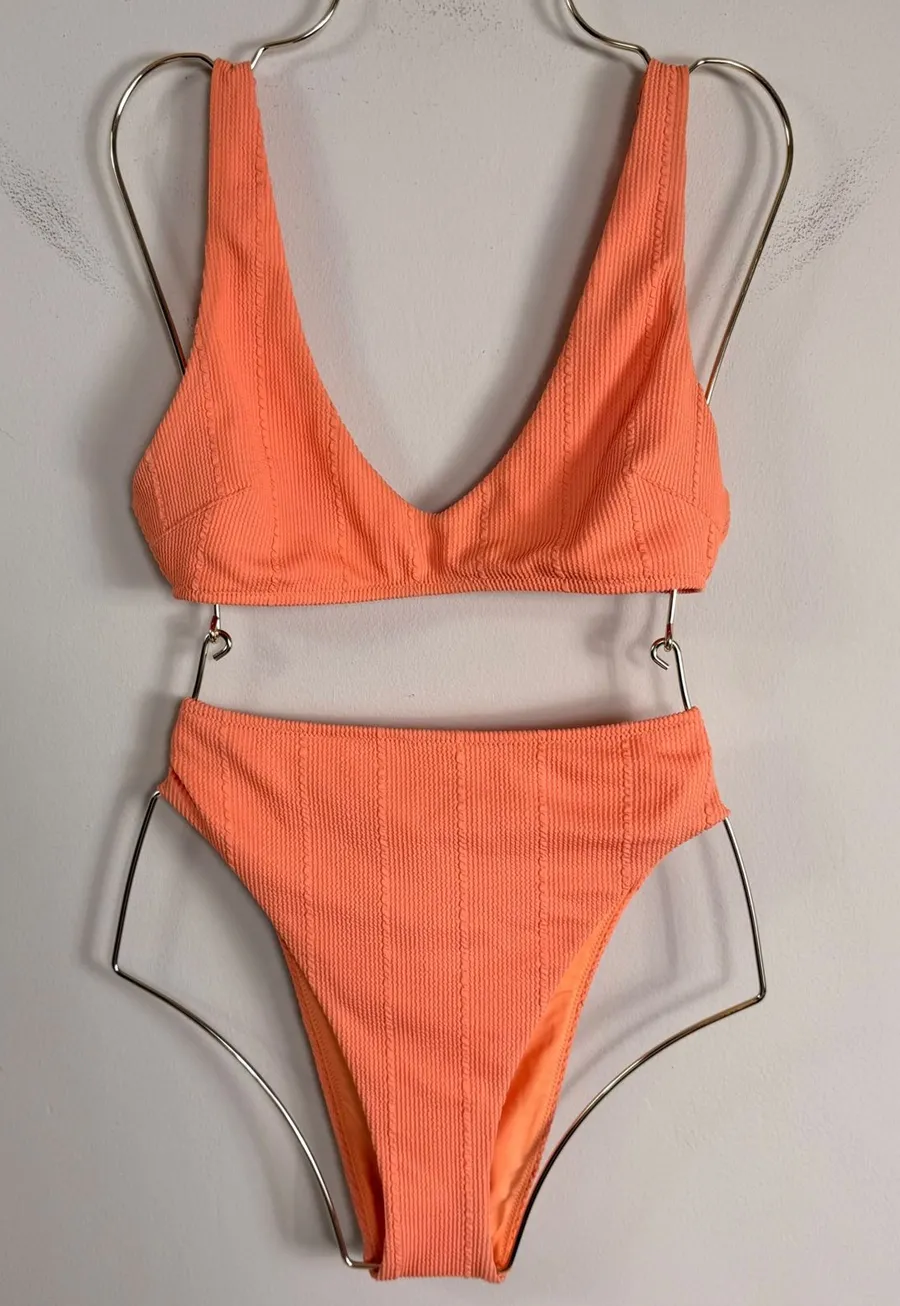 Aerie Orange Textured High Waisted Bikini Set V-Neck Bralette Top Small Medium