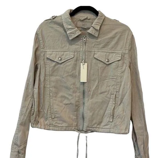 Blank NYC women’s beige cotton trucker military jacket zipper front drawstring S