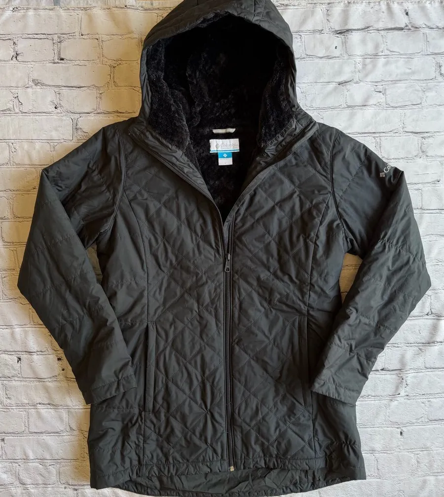 Columbia Furry Lining Longer Black Quilted Parka Jacket Hooded Women’s Large