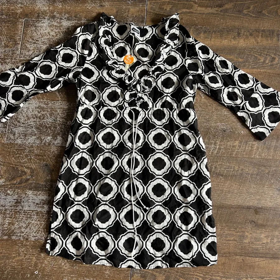 Mud Pie Beach to Bar Swim Cover Up Dress Black White Geometric Ruffle Small NWT