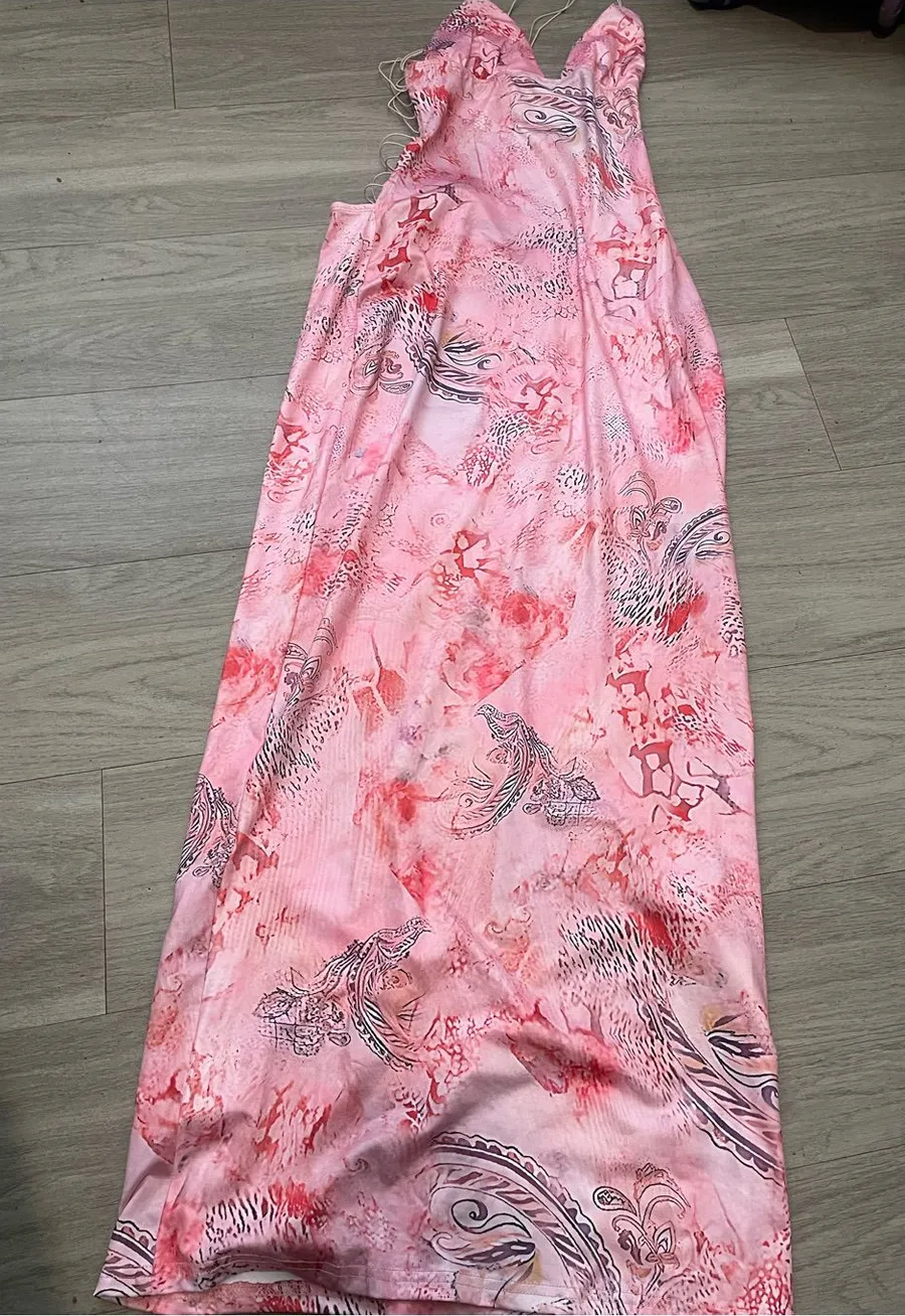 Pink Printed Maxi Dress with V
