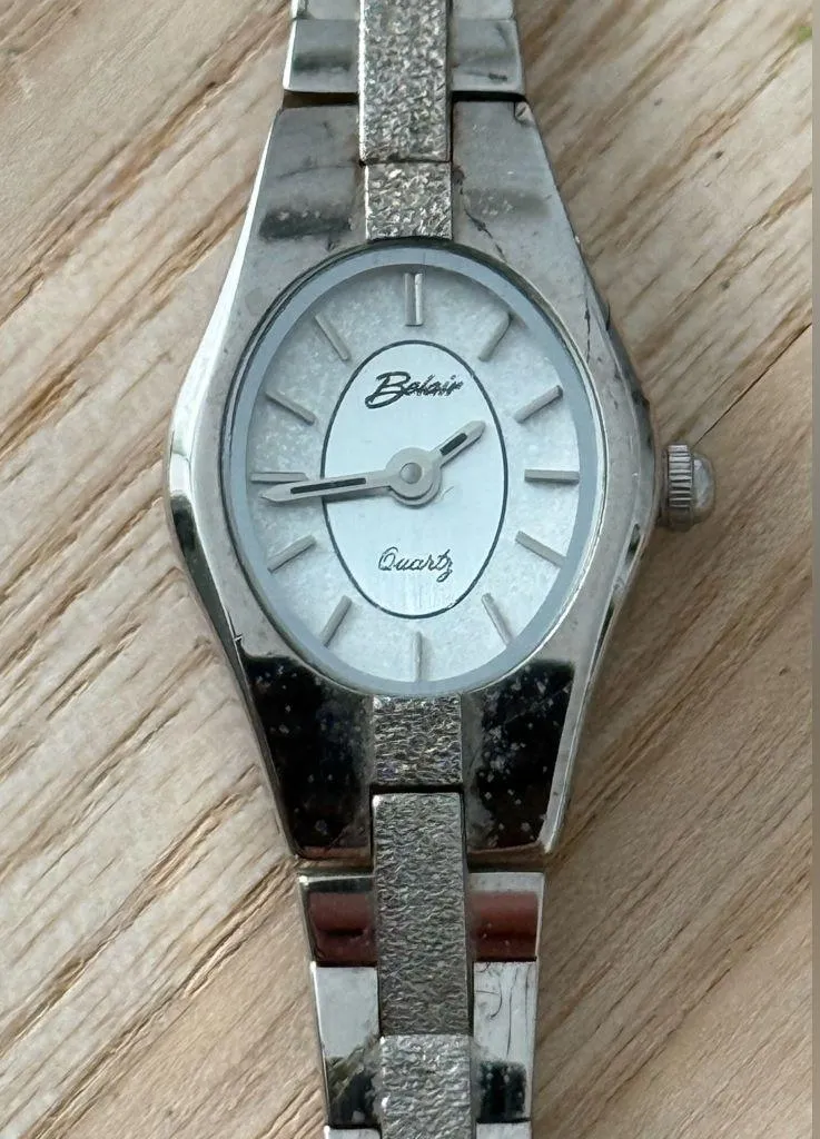 Belair Luxury Vintage Ladies Watch Sparkling White Oval Dial Stainless Bracelet Silver