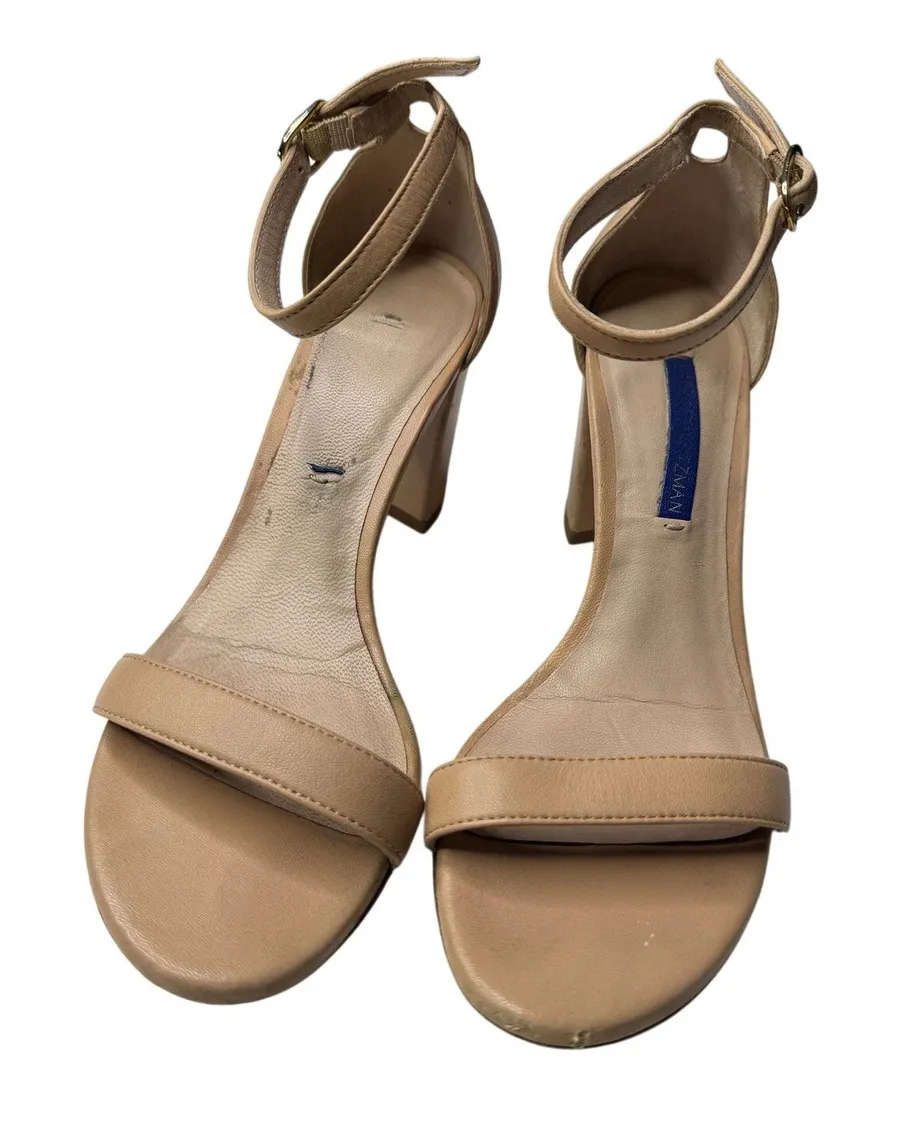 Stuart Weitzman Nude Leather Ankle Strap Block Heel Sandals 6 Flawed