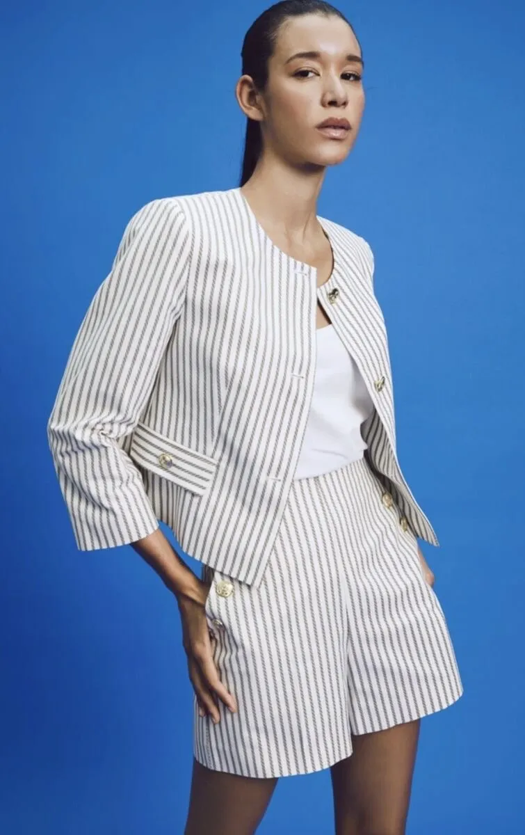 Zara Cream White Striped Long Sleeve Gold Button Down Crop Blazer Coat Jacket S