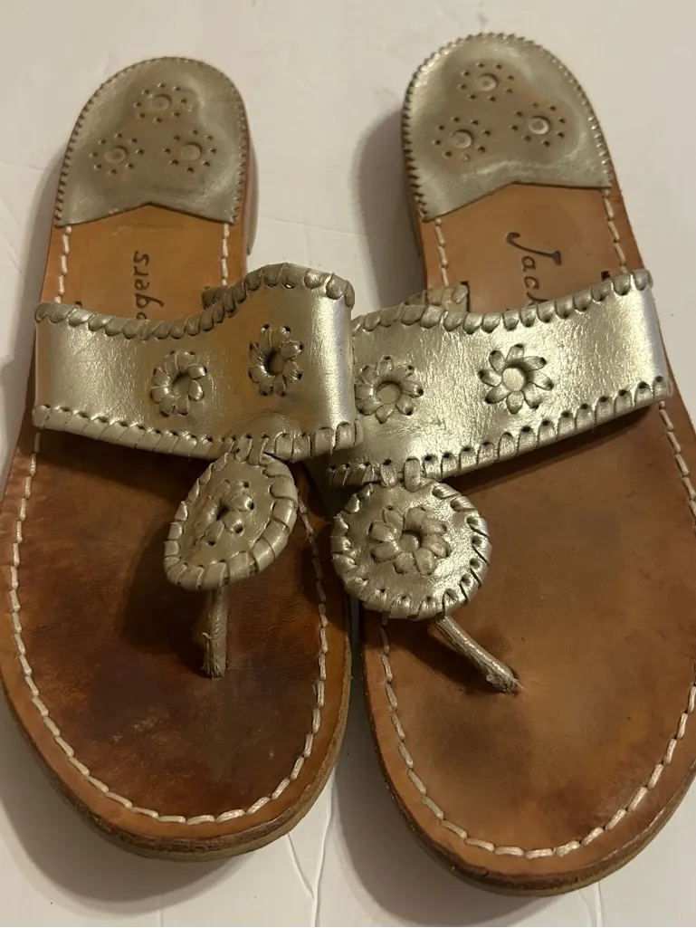 Jack Rogers Metallic Silver Leather Thong Sandals