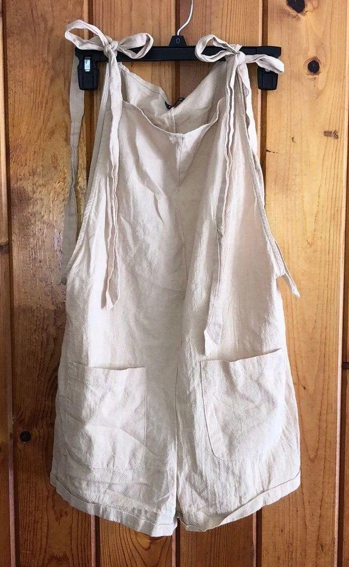 EZwear Knot Strap Pocket Patched Pinafore Romper medium tan cream comfy