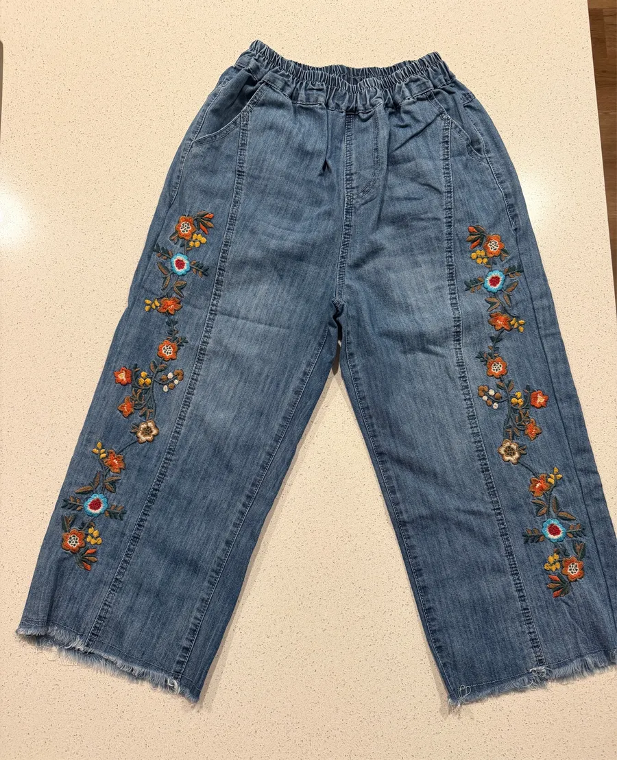 Handmade Embroidered Floral Denim Pants XS/S Blue