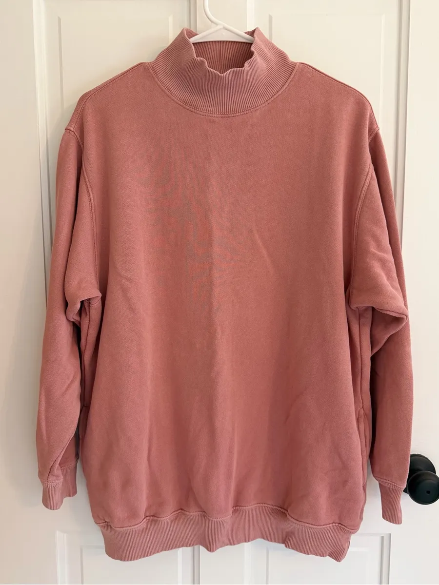 Aerie Mock Neck Oversized Fleece Sweatshirt Pink Side Pockets Small