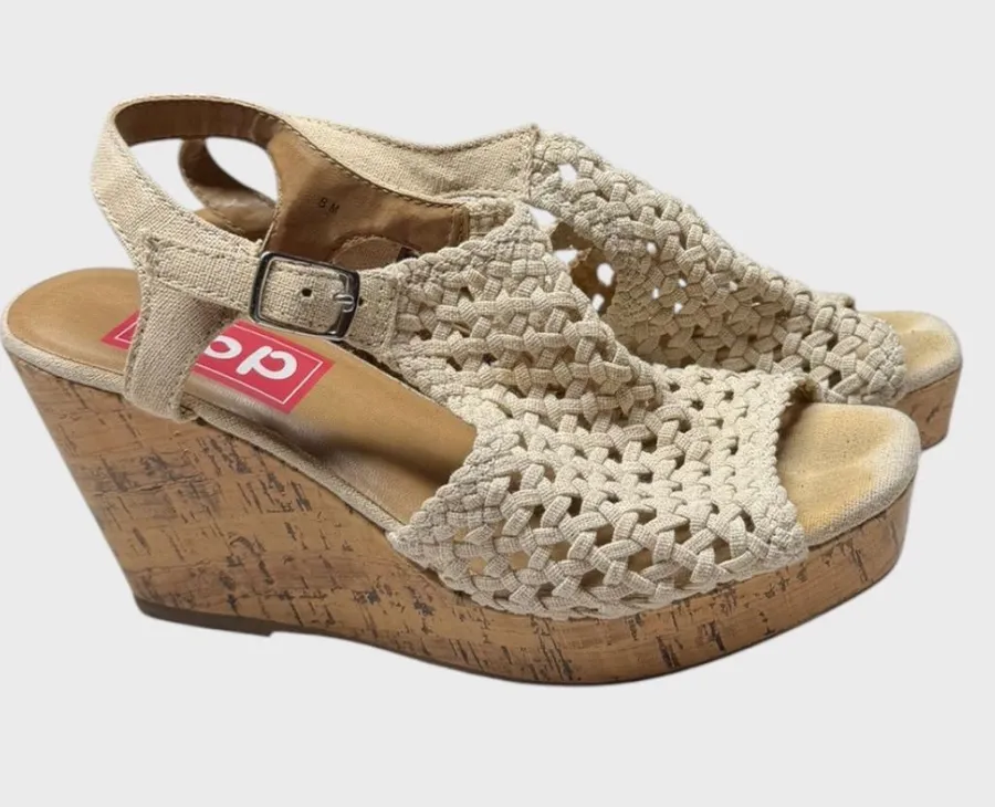 pop Beige Woven Cork Wedge Sandals with Adjustable Buckle Tan Size 8