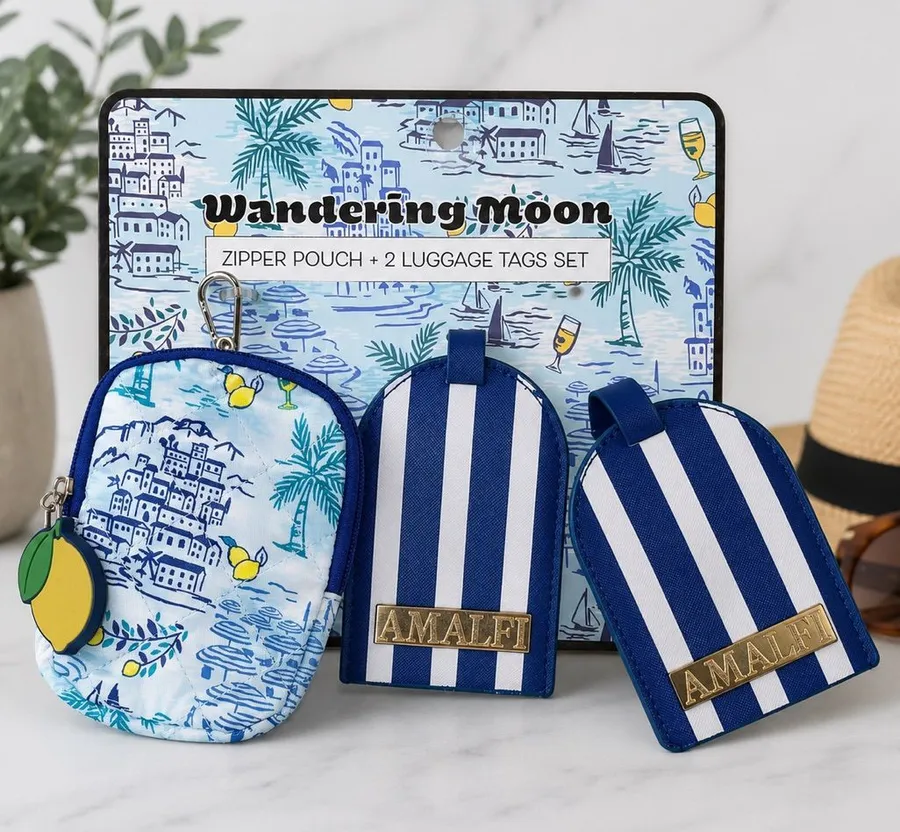 Wandering Moon NWT Amalfi Coast Travel Set Zipper Pouch Luggage Tags Blue Stripe
