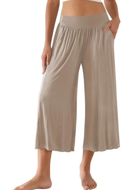 NWT ~ Plus Size Tan Wide Leg Cropped Casual Palazzo Pants Yoga Lounge ~ XXL