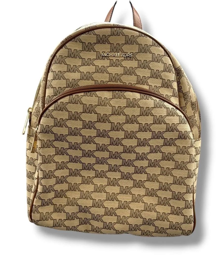 Michael Kors Abbey Large Backpack Beige Tan MK Signature Monogram Canvas Gold