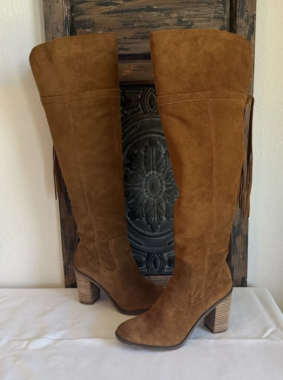 Franco Sarto Elnora Tall Suede Over The Knee Boots Brown Boho Fringe Tassel Sz 9