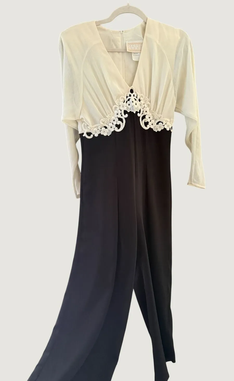 Spencer Alexis Vintage Jumpsuit Black Cream Lace Applique Wide Leg 6 Made in USA
