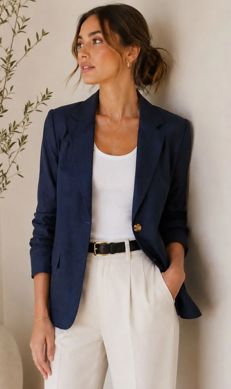 Quince 100% European Linen Structured Navy Blue Blazer
