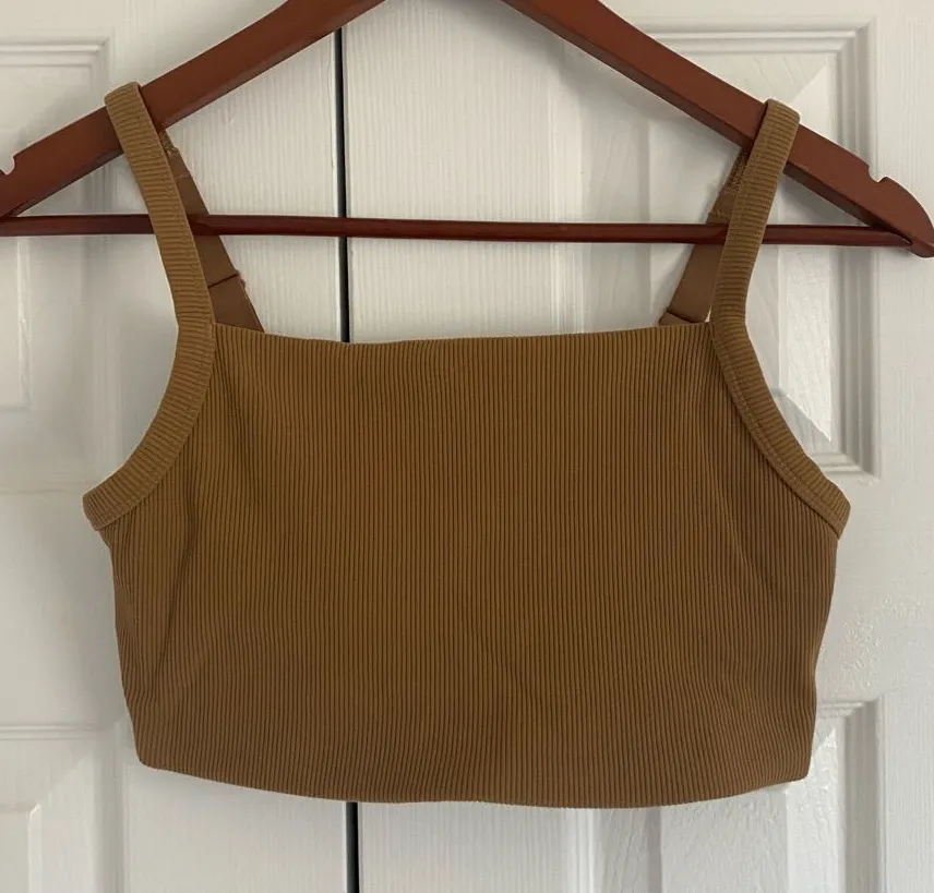 Aerie Offline Medium Brown Ribbed Crop Top Bra Medium Support Stretch Activewear