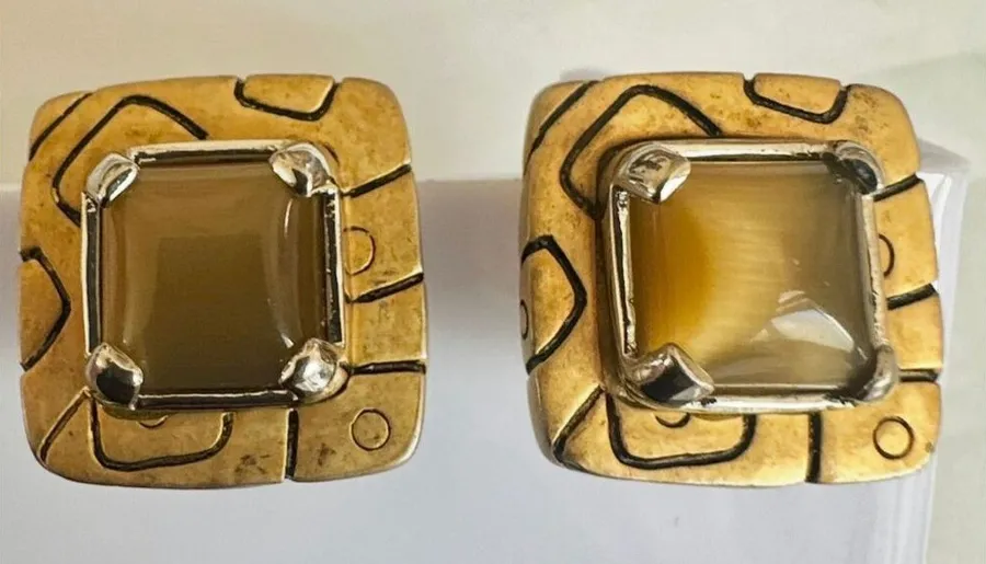 Gold Tone Square Earrings with Cat’s Eye Style Glass