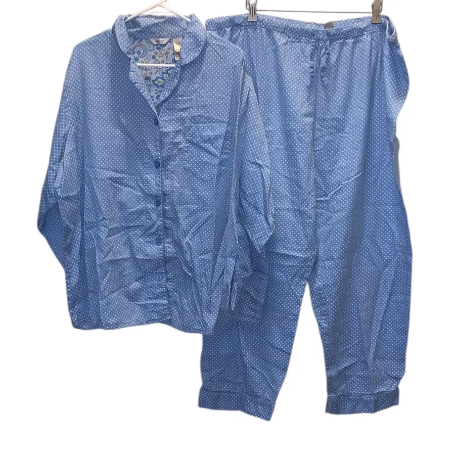 Adonna Woman’s 3X Blue Polka Dot Pajama Set Button Up Pants