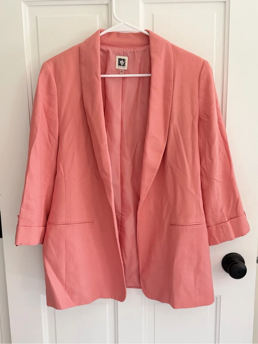 Anne Klein Pink Linen Blend Open Front Blazer 3/4 Sleeve Medium